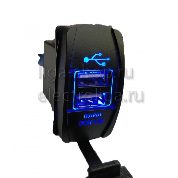 Гнездо USB авто, квадратное 3.1A синий